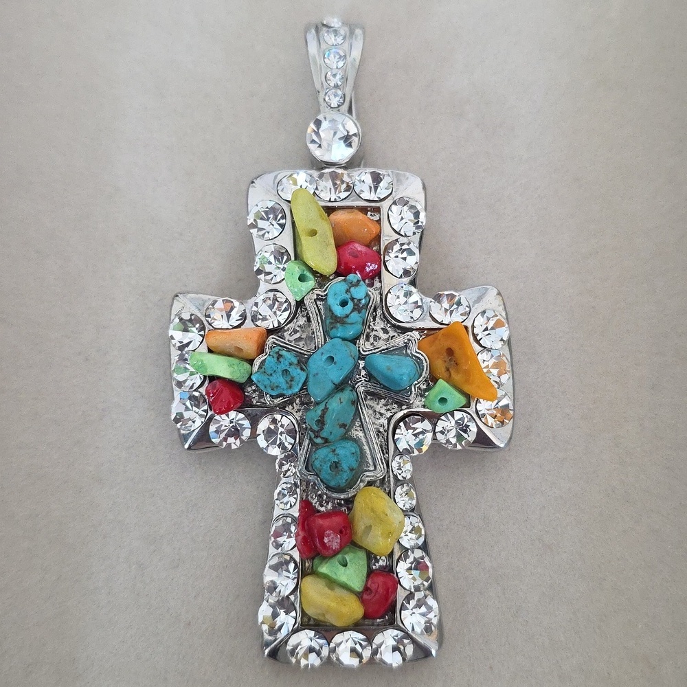 Vintage Silver Rhinestone Natural Stone Statement Cross Pendant Magnetic Bail